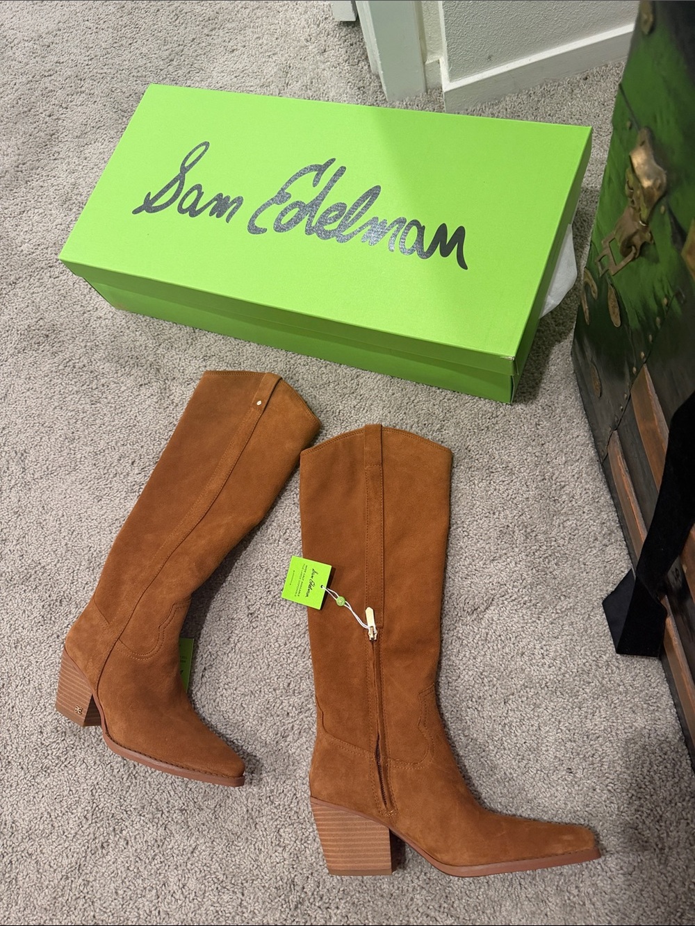 Sam Edelman Tan Suede Knee-High Boots with Stacked Heel